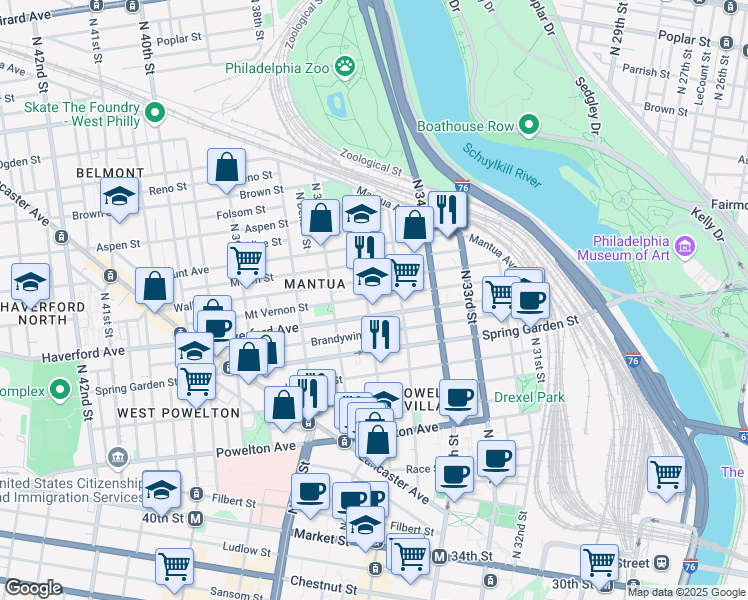 map of restaurants, bars, coffee shops, grocery stores, and more near 3605 Mount Vernon Street in Philadelphia