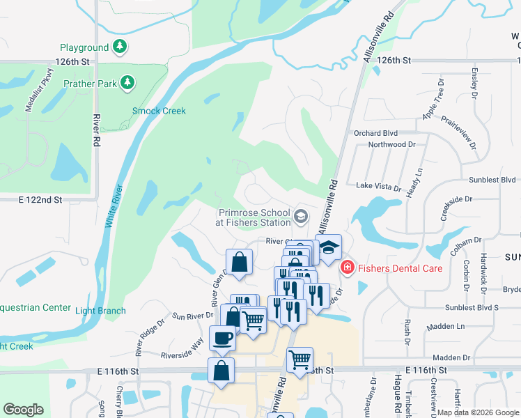 map of restaurants, bars, coffee shops, grocery stores, and more near 7193 Pymbroke Circle in Fishers