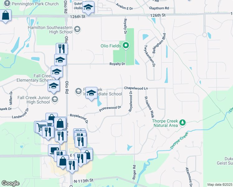 map of restaurants, bars, coffee shops, grocery stores, and more near 12027 Chapelwood Lane in Fishers