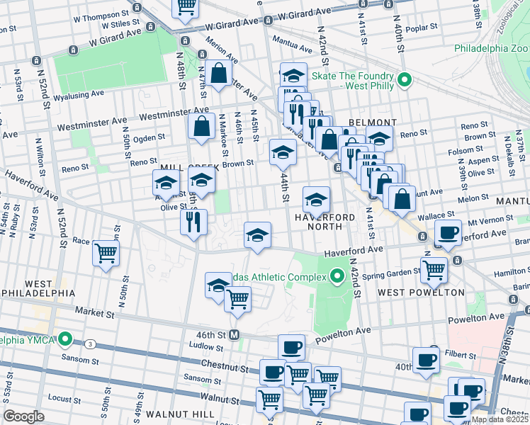map of restaurants, bars, coffee shops, grocery stores, and more near 4460 Fairmount Avenue in Philadelphia