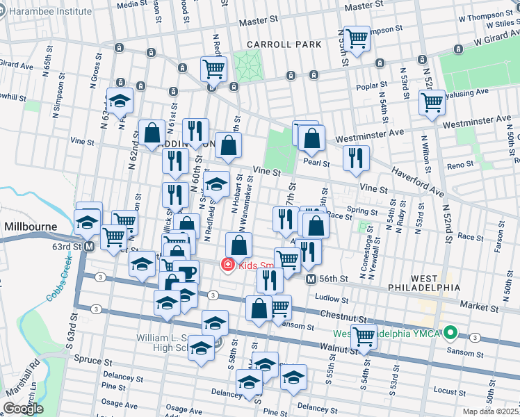 map of restaurants, bars, coffee shops, grocery stores, and more near 153 North 58th Street in Philadelphia