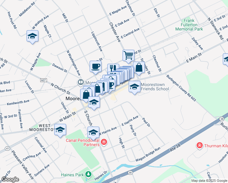 map of restaurants, bars, coffee shops, grocery stores, and more near 21 East Main Street in Moorestown