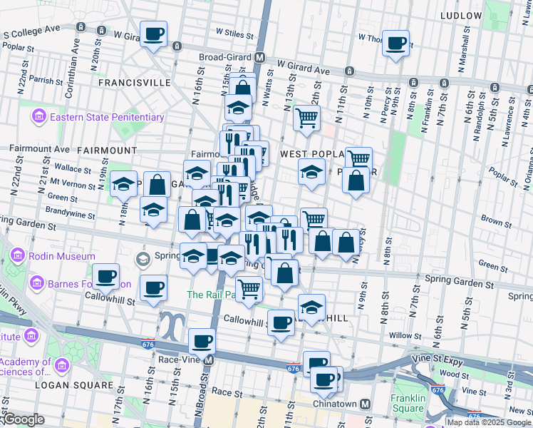 map of restaurants, bars, coffee shops, grocery stores, and more near 1301 Ridge Avenue in Philadelphia
