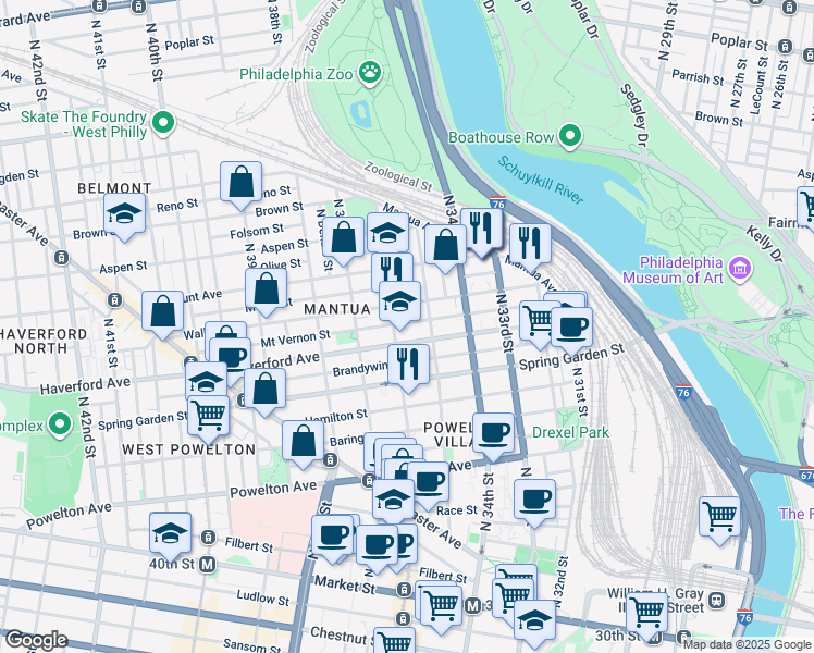 map of restaurants, bars, coffee shops, grocery stores, and more near 3524 Mount Vernon Street in Philadelphia