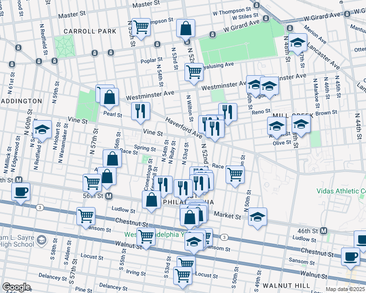 map of restaurants, bars, coffee shops, grocery stores, and more near 230 North 53rd Street in Philadelphia