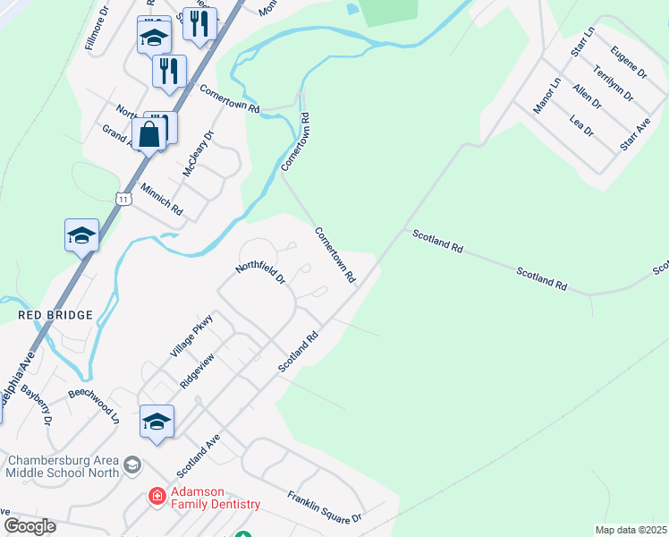 map of restaurants, bars, coffee shops, grocery stores, and more near 330 Cornertown Road in Chambersburg