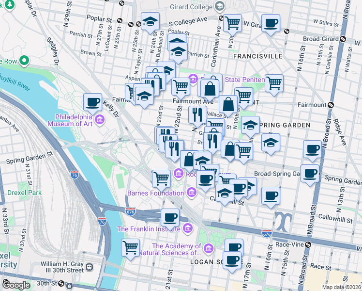 map of restaurants, bars, coffee shops, grocery stores, and more near 2128 Brandywine Street in Philadelphia