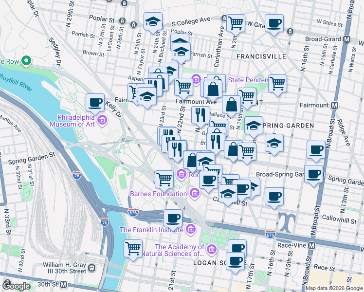 map of restaurants, bars, coffee shops, grocery stores, and more near 2125 Spring Garden Street in Philadelphia