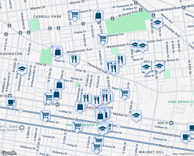 map of restaurants, bars, coffee shops, grocery stores, and more near 230 North 53rd Street in Philadelphia