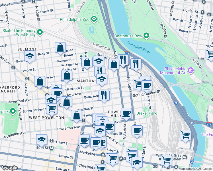 map of restaurants, bars, coffee shops, grocery stores, and more near 3504 Mount Vernon Street in Philadelphia