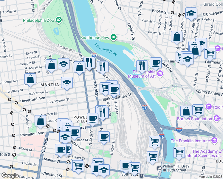 map of restaurants, bars, coffee shops, grocery stores, and more near 3108 Haverford Avenue in Philadelphia