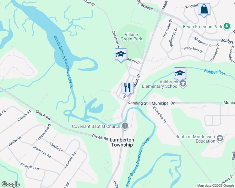 map of restaurants, bars, coffee shops, grocery stores, and more near 8 Chestnut Street in Lumberton