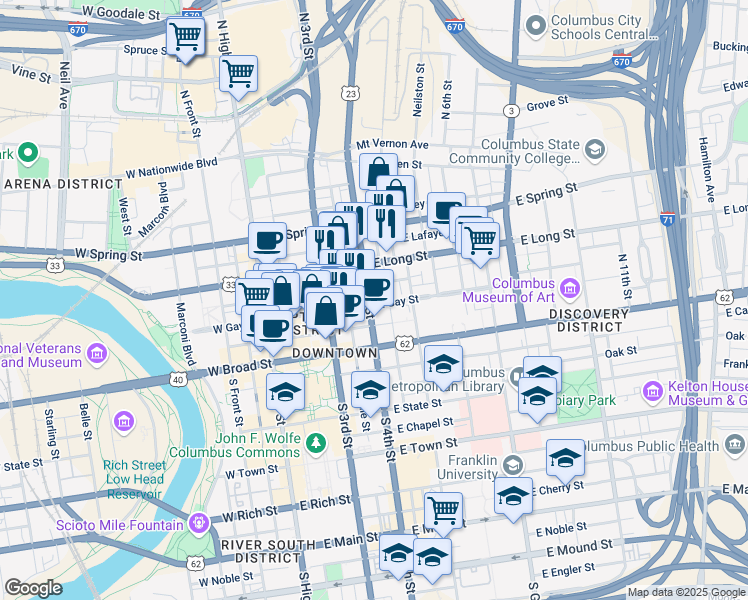 map of restaurants, bars, coffee shops, grocery stores, and more near in Columbus