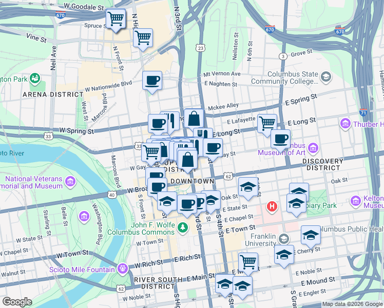 map of restaurants, bars, coffee shops, grocery stores, and more near 112 East Gay Street in Columbus
