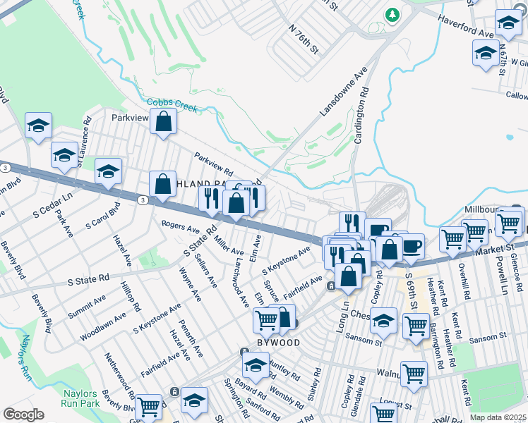 map of restaurants, bars, coffee shops, grocery stores, and more near 22 Golf Road in Delaware County