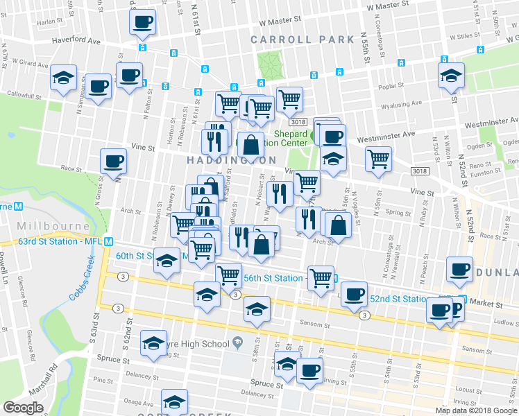 map of restaurants, bars, coffee shops, grocery stores, and more near 151 North Hobart Street in Philadelphia
