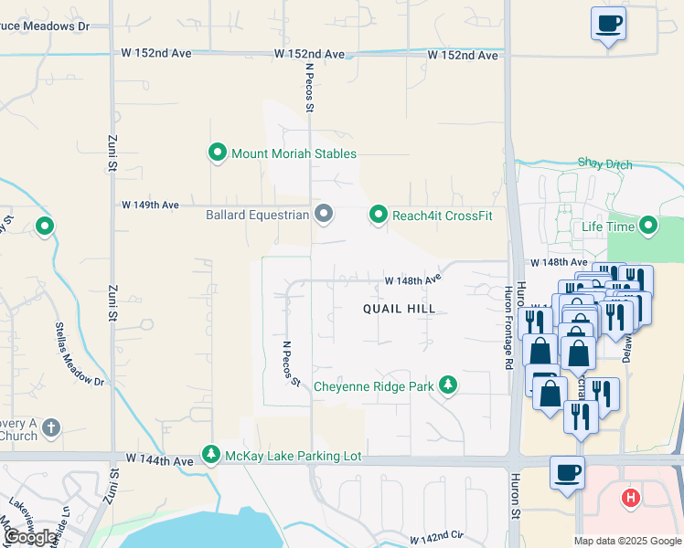 map of restaurants, bars, coffee shops, grocery stores, and more near 1435 West 148th Avenue in Westminster