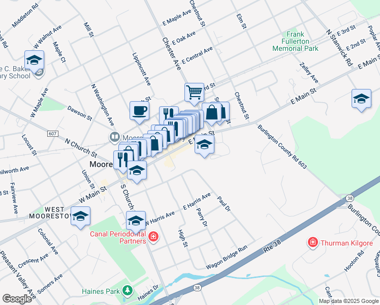 map of restaurants, bars, coffee shops, grocery stores, and more near 48 East Main Street in Moorestown