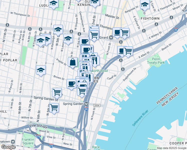 map of restaurants, bars, coffee shops, grocery stores, and more near 929 North Hancock Street in Philadelphia