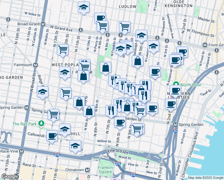 map of restaurants, bars, coffee shops, grocery stores, and more near 705-09 Franklin Place in Philadelphia