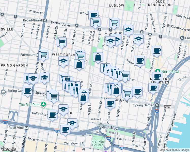 map of restaurants, bars, coffee shops, grocery stores, and more near 666 North 8th Street in Philadelphia