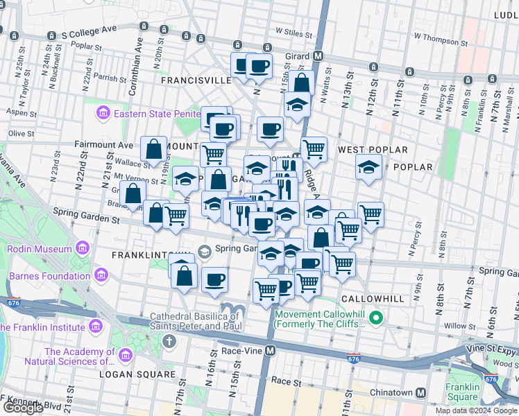 map of restaurants, bars, coffee shops, grocery stores, and more near 1520 Mount Vernon Street in Philadelphia