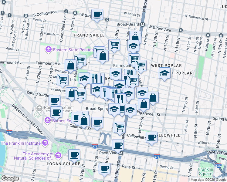 map of restaurants, bars, coffee shops, grocery stores, and more near 1520 Mount Vernon Street in Philadelphia