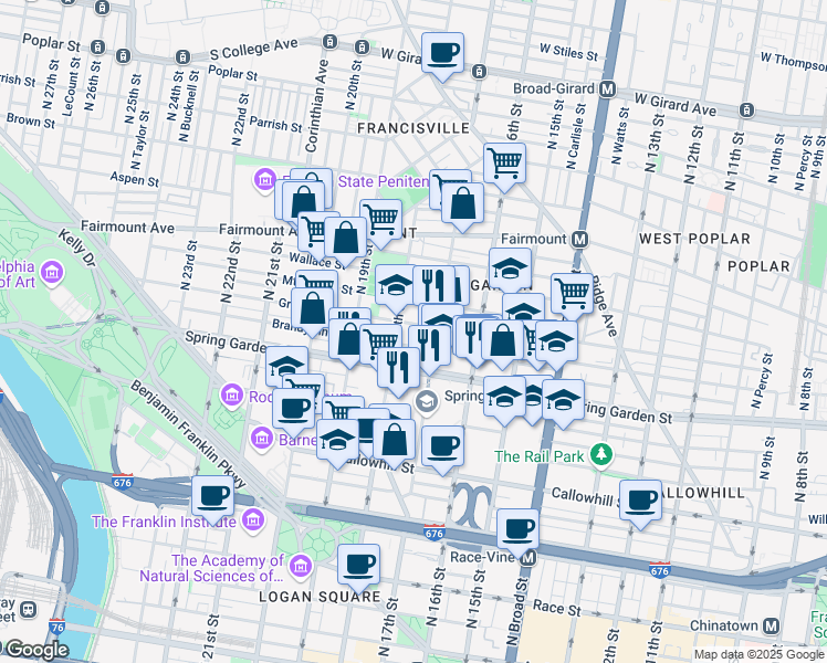 map of restaurants, bars, coffee shops, grocery stores, and more near 1705 Green Street in Philadelphia
