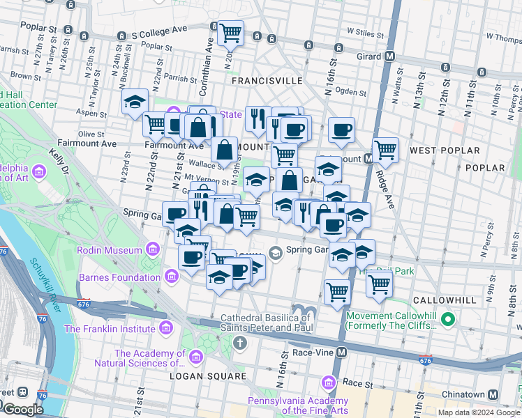 map of restaurants, bars, coffee shops, grocery stores, and more near in Philadelphia