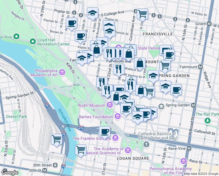 map of restaurants, bars, coffee shops, grocery stores, and more near 2128 Brandywine Street in Philadelphia