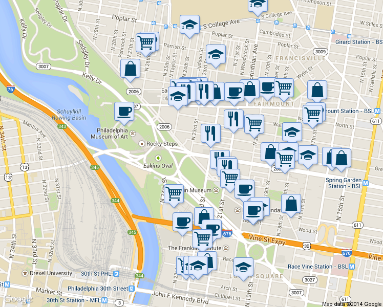 map of restaurants, bars, coffee shops, grocery stores, and more near North 25th Street in Philadelphia