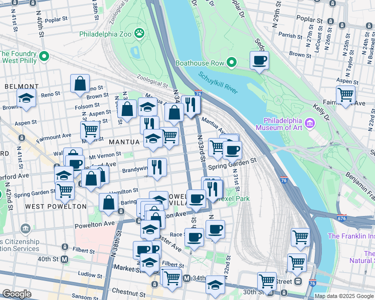 map of restaurants, bars, coffee shops, grocery stores, and more near in Philadelphia
