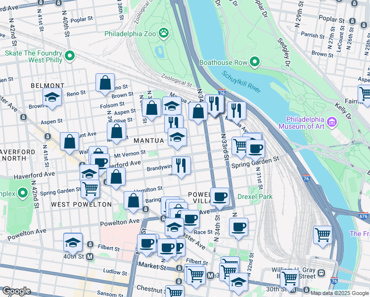 map of restaurants, bars, coffee shops, grocery stores, and more near 3508 Mount Vernon Street in Philadelphia