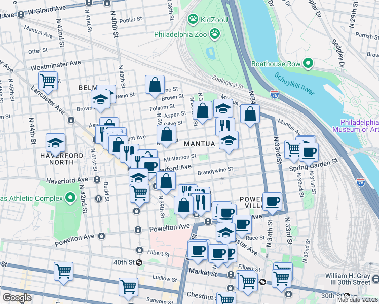 map of restaurants, bars, coffee shops, grocery stores, and more near 3800 Wallace Street in Philadelphia