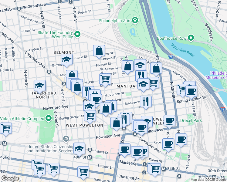 map of restaurants, bars, coffee shops, grocery stores, and more near 3824 Mount Vernon Street in Philadelphia