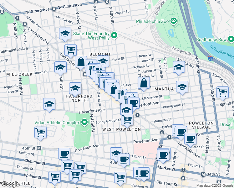 map of restaurants, bars, coffee shops, grocery stores, and more near 4040 Lancaster Avenue in Philadelphia