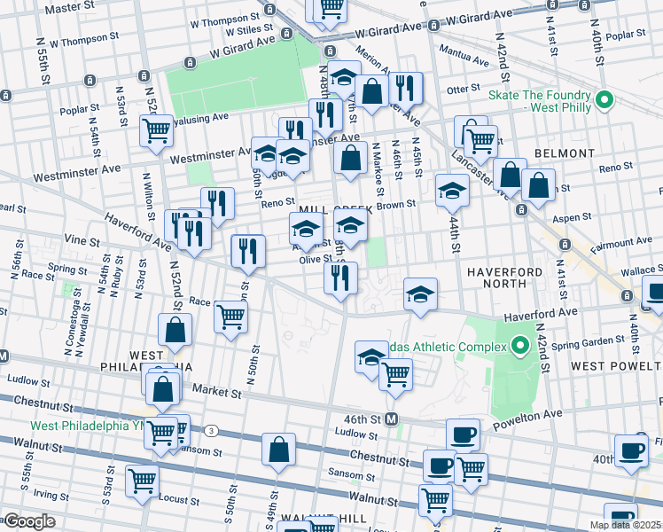 map of restaurants, bars, coffee shops, grocery stores, and more near 4834 Olive Street in Philadelphia