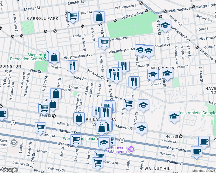 map of restaurants, bars, coffee shops, grocery stores, and more near 261 North Wilton Street in Philadelphia