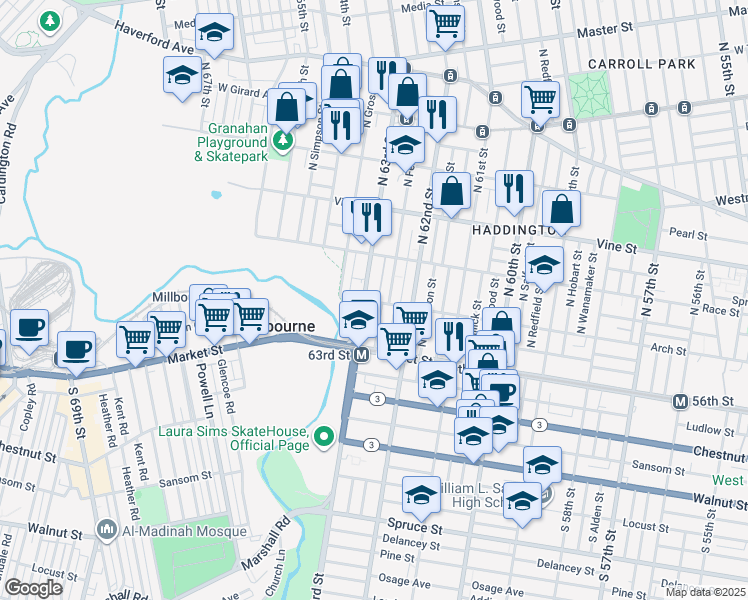 map of restaurants, bars, coffee shops, grocery stores, and more near 107 North 63rd Street in Philadelphia