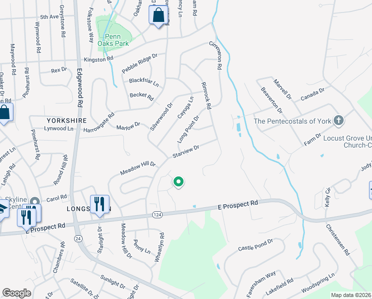 map of restaurants, bars, coffee shops, grocery stores, and more near 3750 Starview Drive in York