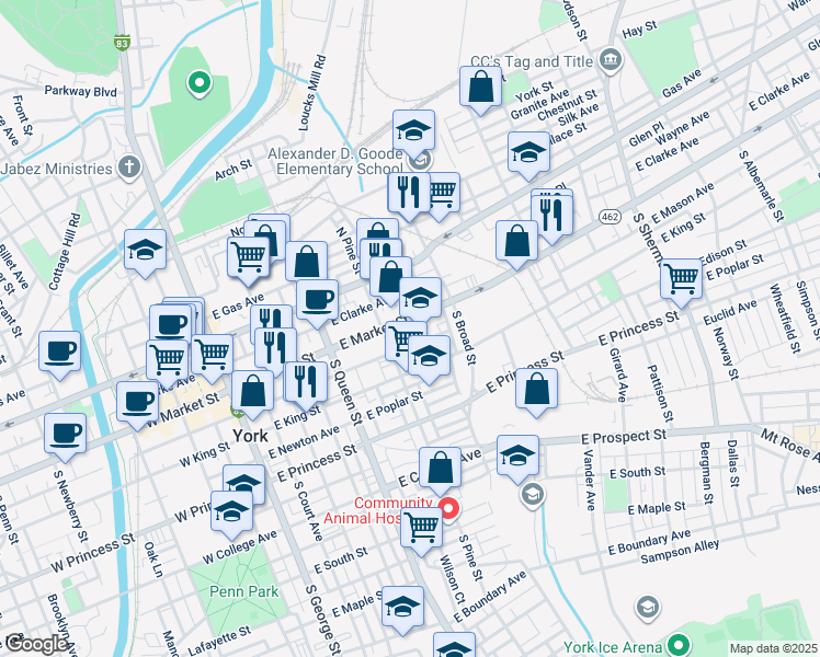 map of restaurants, bars, coffee shops, grocery stores, and more near 332 Lincoln Highway in York