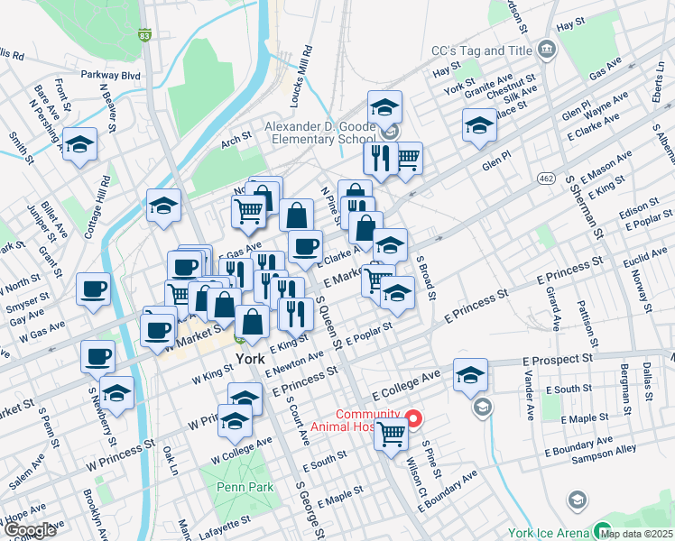 map of restaurants, bars, coffee shops, grocery stores, and more near 219 East Clarke Avenue in York