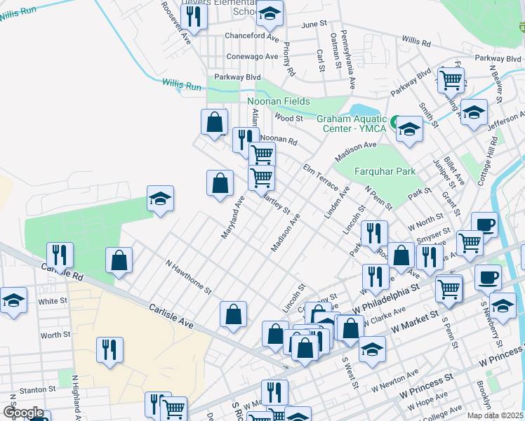 map of restaurants, bars, coffee shops, grocery stores, and more near 505 Pennsylvania Avenue in York