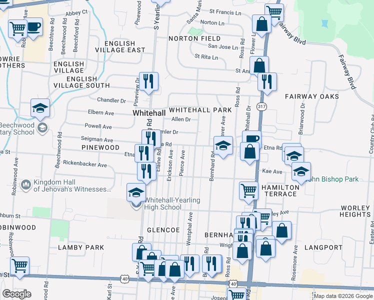 map of restaurants, bars, coffee shops, grocery stores, and more near 4407 Etna Road in Columbus
