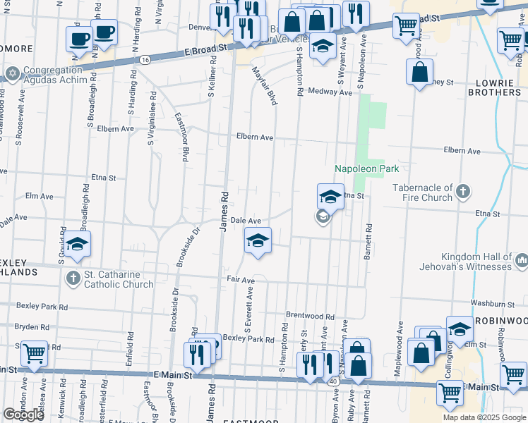 map of restaurants, bars, coffee shops, grocery stores, and more near 364 Mayfair Boulevard in Columbus