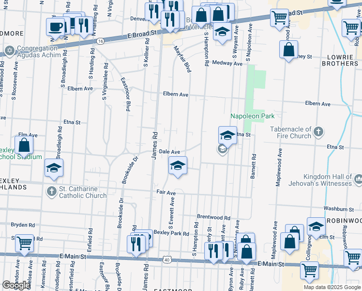 map of restaurants, bars, coffee shops, grocery stores, and more near 352 South Ashburton Road in Columbus