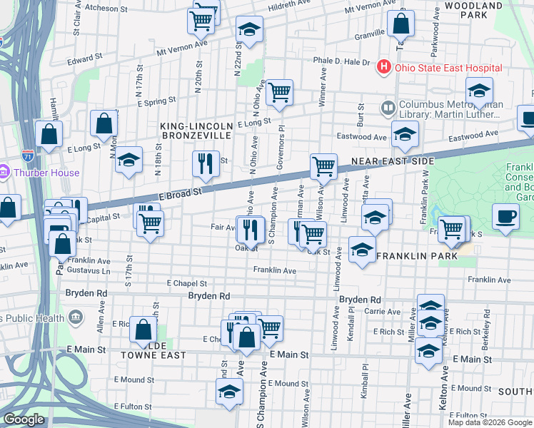 map of restaurants, bars, coffee shops, grocery stores, and more near 61 South Champion Avenue in Columbus