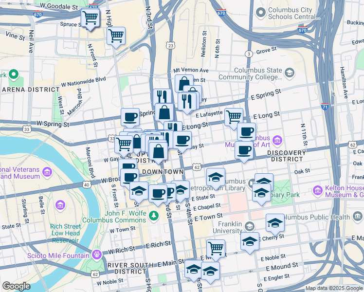 map of restaurants, bars, coffee shops, grocery stores, and more near in Columbus