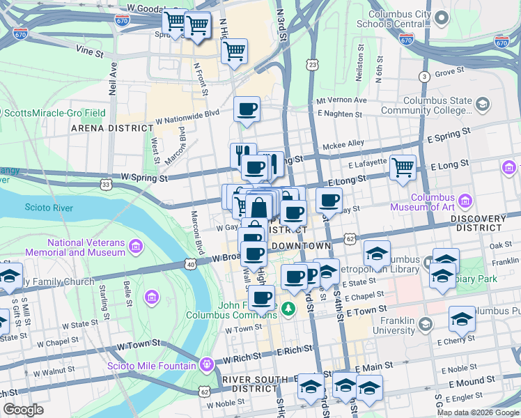 map of restaurants, bars, coffee shops, grocery stores, and more near in Columbus