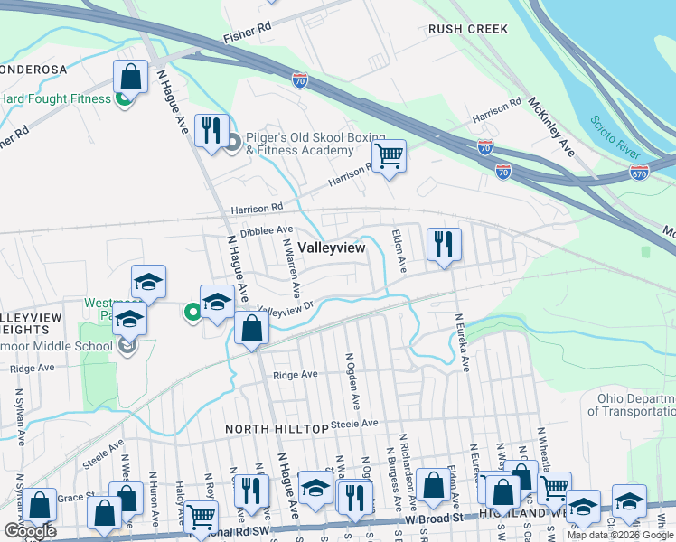 map of restaurants, bars, coffee shops, grocery stores, and more near 2595 Elliott Avenue in Columbus